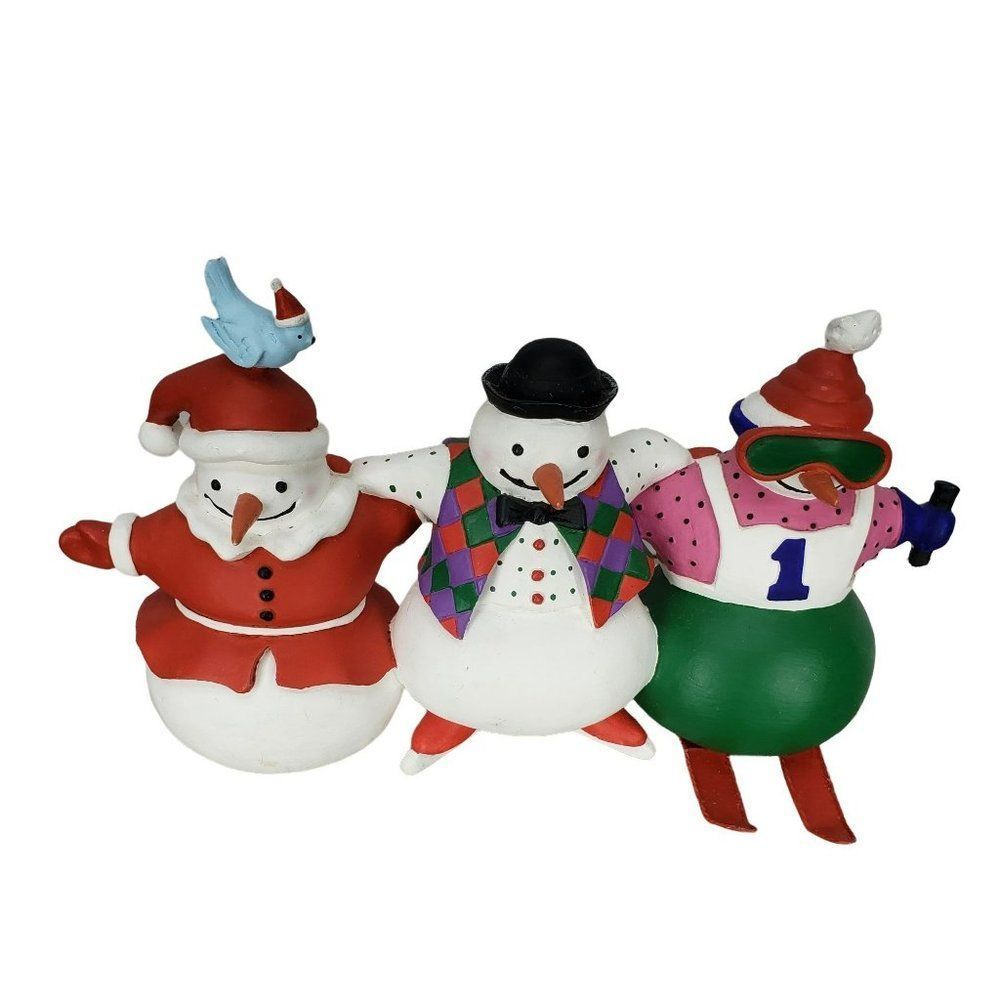 Snowman Trio 3 cheerful Vest Santa Wearing Snow Men Figurine Blue Bird‎ 12" x7"